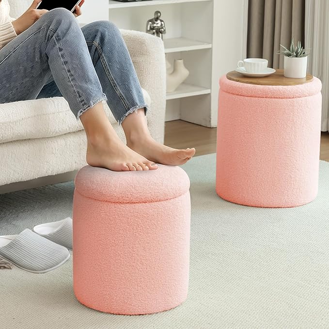 YSICK Round Ottoman with Storage, Set of 2, Small Vanity Stool as Vanity Chair, Sherpa Ottoman Foot Rest for Small Space, Living Room, Bedroom, Peach