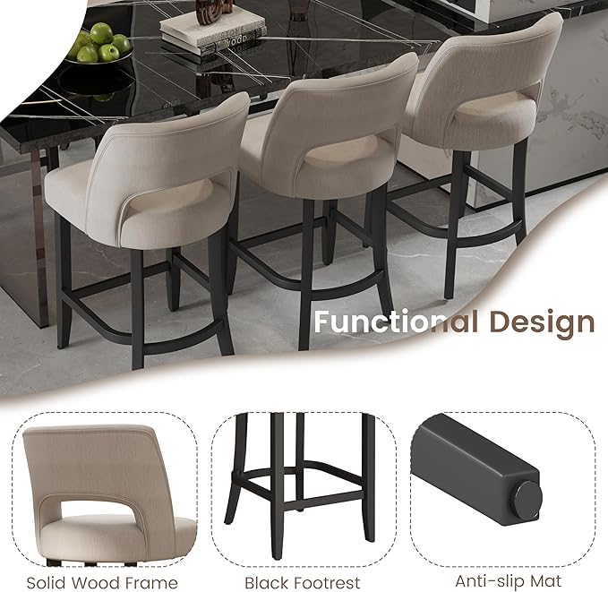 VKNOW Bar Stools Set of 2, 26" Upholstered Counter Height Bar Stools, Modern Counter Stools with Black Legs for Kitchen Island Dining Room Bar, Beige-Black Legs