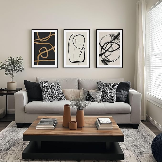 SAFERRYHOME Abstract Graffiti Black and White Wall Art Black and Gold Framed Canvas Print Set, Mid-Century Modern Geometric Sketches Lines for Living Room, Bedroom, Office - 3 Panels 16x24 Inch