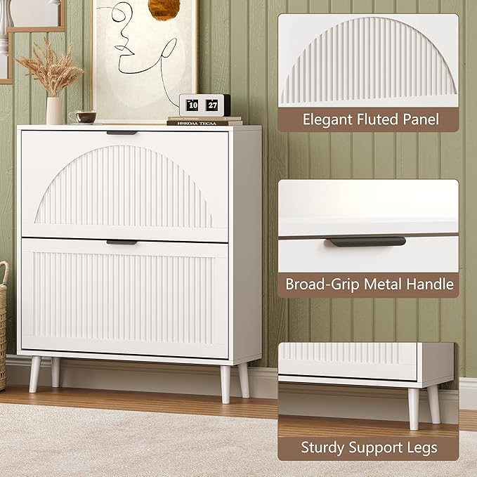 BORNOON Shoe Cabinet for Entryway with 2 Flip Drawers, Slim Wooden Shoe Storage Organizer with Modern Fluted Pannel，Freestanding Narrow Hidden Shoe Rack for Hallway, Foyer, Living Room
