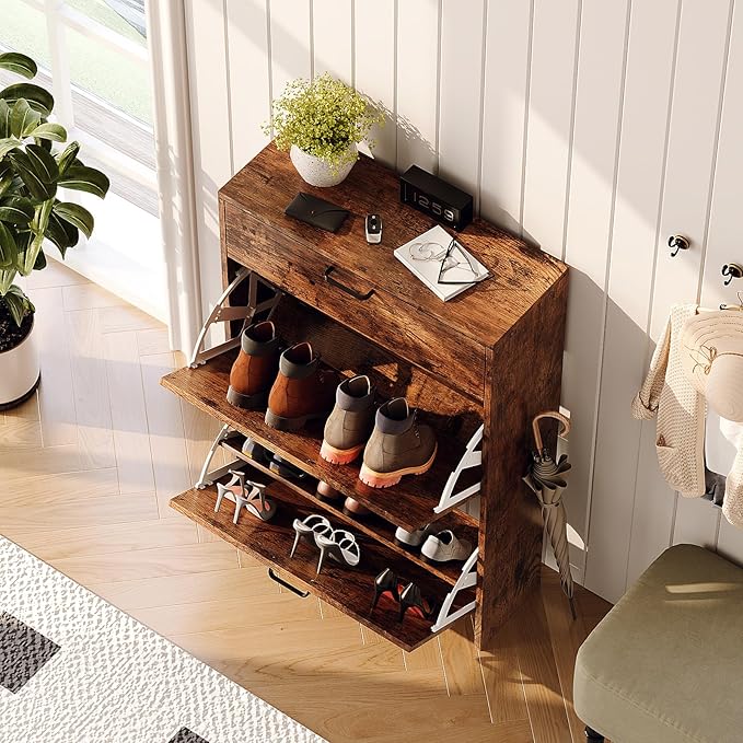VINGLI Set of 2 Distressed Wood Shoe Cabinet for Entryway, 2-Pack Ultra Slim Shoe Organizer with 2 Flip & 1 Drop-Down Drawers, 24.8" W Narrow Shoe Cabinet, Rustic Brown Wood Shoes Rack for Hallway