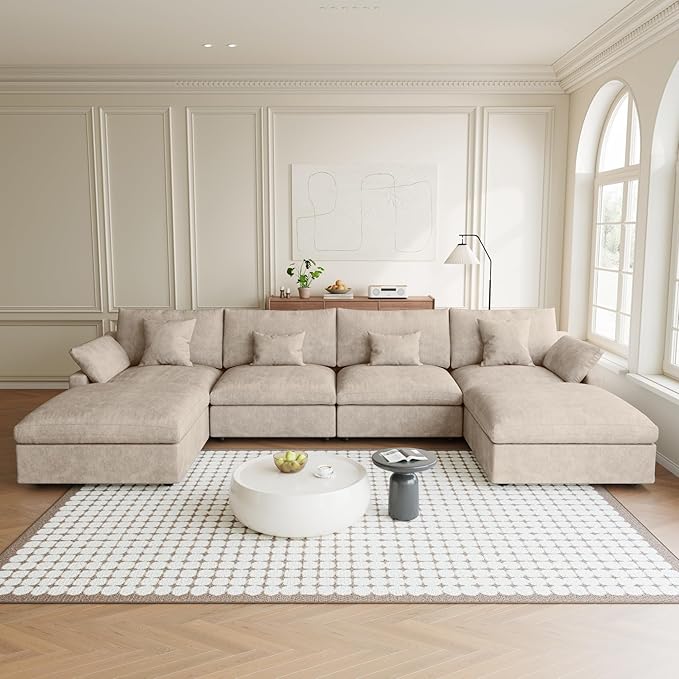 Khaki Modular Sectional Sofa Cloud Couch, 155.9" Oversized U Shaped Couch with Chaise Ottomans, Minimalist Deep Seat Sectional Couches for Living Room, Khaki Sofa Covers Washable&Removable
