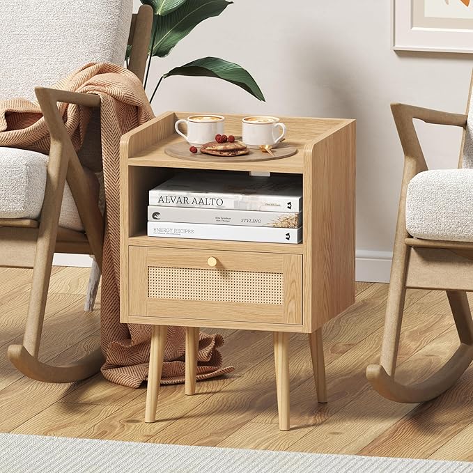 MECHYIN Nightstand with Charging Station & Rattan Decor Drawer, Boho Bedside End Table with Solid Wood Feet, Bed Side Table with Open Storage for Apartment Bedroom Living Room Dorm - Natural