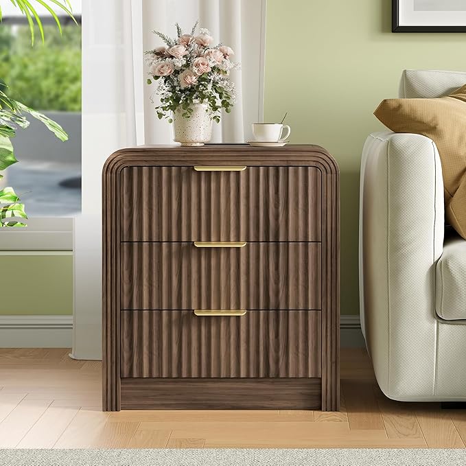Decofy Fluted Nightstand with Charging Station, Modern Bedroom Side Table with Gold Handles, Curved Profile Design, End Table Wood Organizer for Bedroom, 19.7" & 3 Drawers (2 Pack, Walnut)
