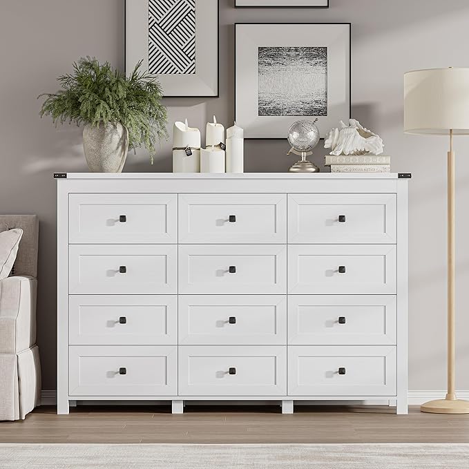 BORNOON 12-Drawer Dresser, Modern Wooden Storage Chest of Drawers, Dresser TV Stand, Wood Drawer Organizer with Metal Handles for Bedroom, Living Room, Hallway