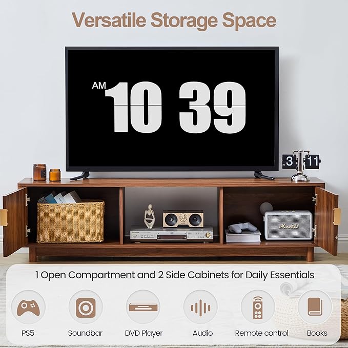 FurSch 62.2” Fluted TV Stand Low Profile, Mid Century Modern TV Stand with Storage for Bedroom Living Room, Curved Media Console for 50 55 60 65 70 Inch TVs (Walnut)