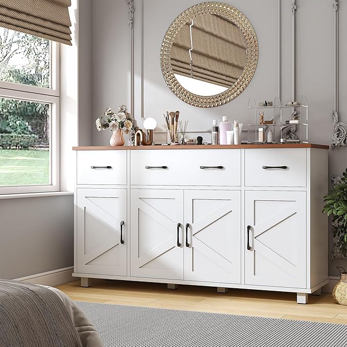 VVFLU 55" Sideboard Buffet Cabinet with Storage, Coffee Bar Cabinet with 3 Drawers and 4 Barn Doors, Long Storage Cabinet Modern Farmhouse, White Wood, for Kitchen, Dining Room, Living Room