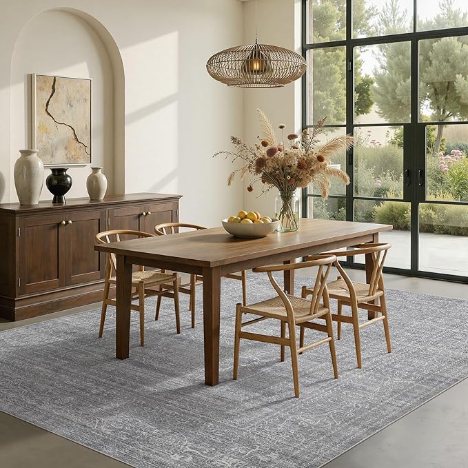 Nakagishi 8x10 Area Rugs Living Room: Washable Large Vintage Grey Rug Neutral Non-Slip Soft Stain Resistant Indoor Carpet for Bedroom Nursery Dining Room Under Table Bed Home House Office Playroom