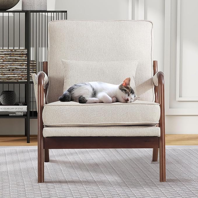 ANJ Mid Century Modern Accent Chair, Lounge Reading Armchair with Extra Side Pocket & Detachable Cushion, Comfy Fabric Accent Chairs for Living Room, Bedroom,Beige