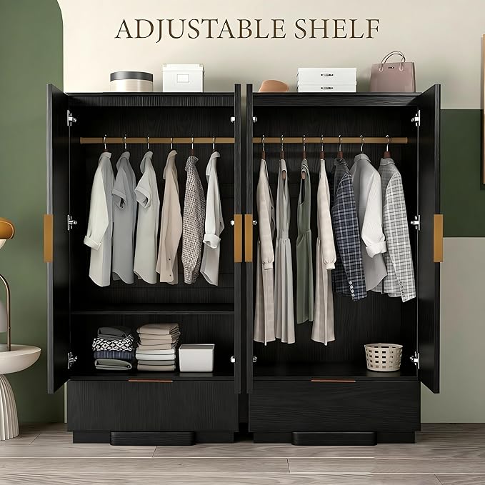 Brafab 67" Fluted Armoire Wardrobe Closet with Drawers and Doors, Wooden Wardrobe Cabinet with Adjustable Shelves, Modern Storage for Clothes, Dream Wardrobe Wall for Bedroom, Black(3 pcs)