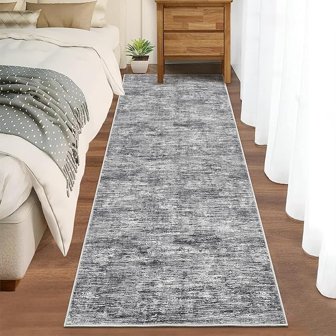 RUGSREAL 2x6 Runner Rug Washable Kitchen Runner Rug Modern Abstract Runner Mat for Hallway Contemporary Solid Rug Non-Slip Foldable Aesthetic Accent Floor Carpet for Living Room Bedroom, Ivory/Grey