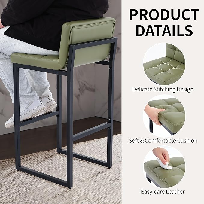 FIRAVOE Counter Height Bar Stools Set of 2, Modern Faux Leather Counter Stools with Low Back and Footrest, Upholstered Bar Chairs for Kitchen Island, Bar (Avocado Green, 2Pcs 26" Counter Stools)