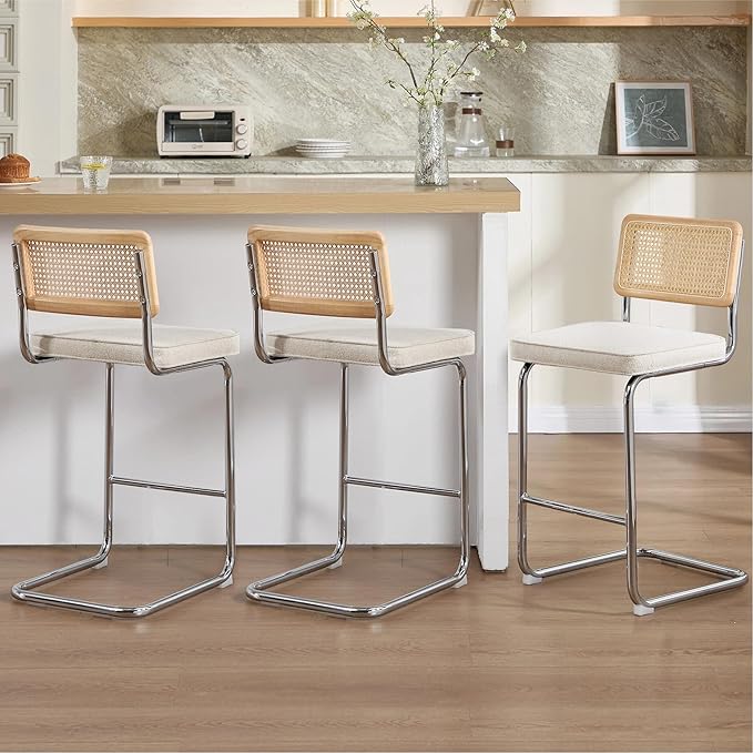 Zesthouse Rattan Counter Stools Set of 3, 26'' Mid Century Modern Bar Stool, Linen Fabric Counter Height Barstool with Solid Wood Back & Natural Cane Mesh, Boho Cantilever Island Chair Beige Yellowish
