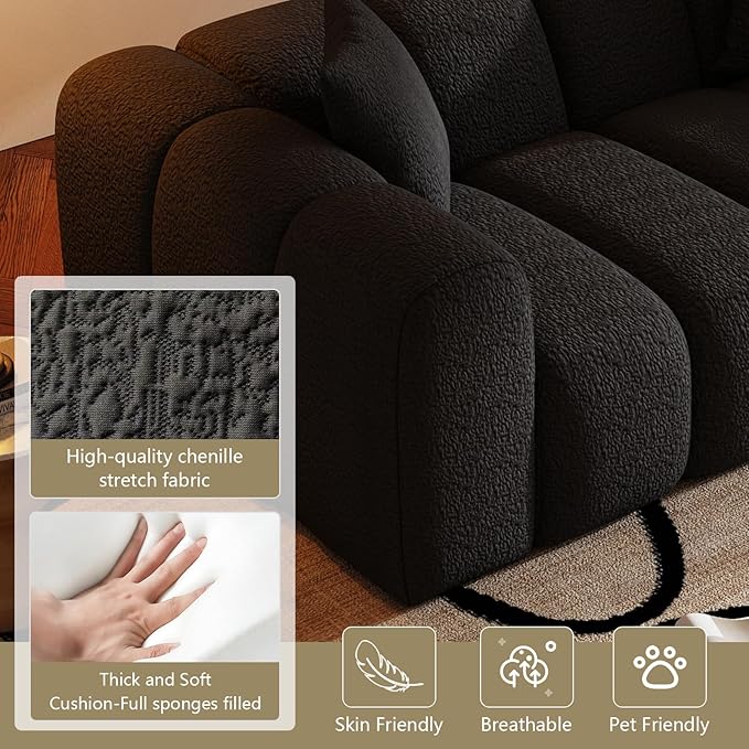 WHGBJA 70" Modern Chenille Fabric Sofa Couch – One-Piece Memory Foam 3-Seater Sofa with Rounded Arms, Soft & Cozy Upholstery for Living Room (Black)