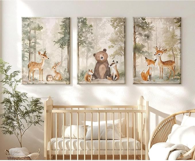 Woodland Nursery Wall Art Decor Animal Forest Canvas Prints Baby Boy Room Wall Decor Bear Nursery Nature Pictures Deer Prints Artwork for Boy Girl Kids Bedroom 16x24 Inch Wrapped Canvas Set of 3