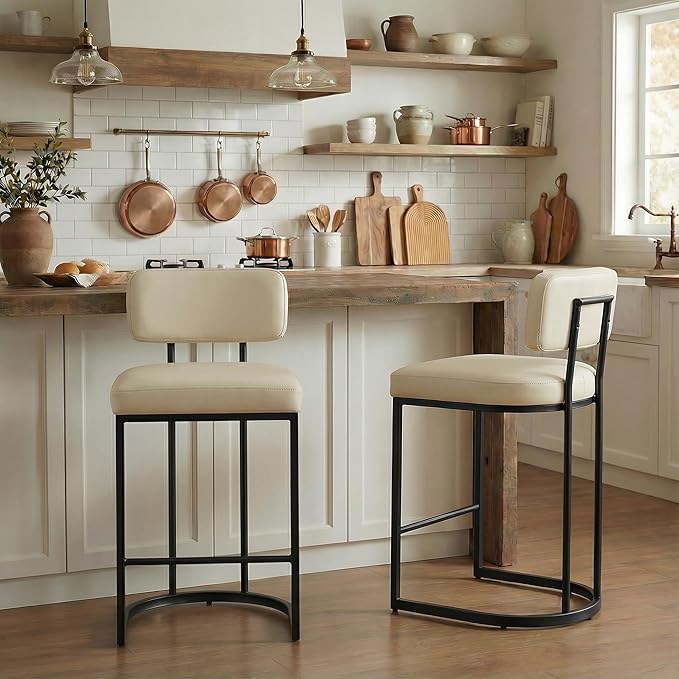 26" H Counter Height Bar Stools Set of 3, Modern Faux Leather Upholstered Barstools with Backrest for Kitchen Island, Black Metal Frames, Cream
