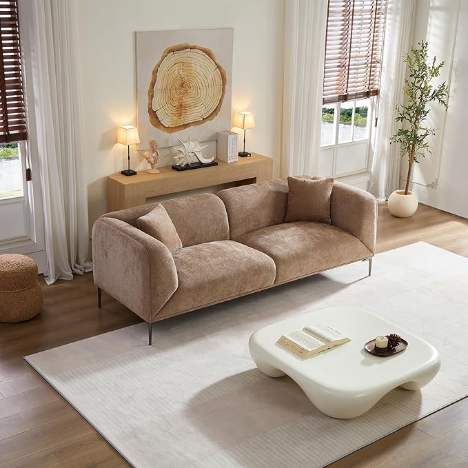 MEETAKING 82.68" Modern Sofa, 3-Seater Deep Seats Tuxedo Couch, Boucle Sofas with 2 Pillows, Minimalist Couches Straight with Metal Legs, High Armrests for Living Room,Bedroom,Home Office(Camel)
