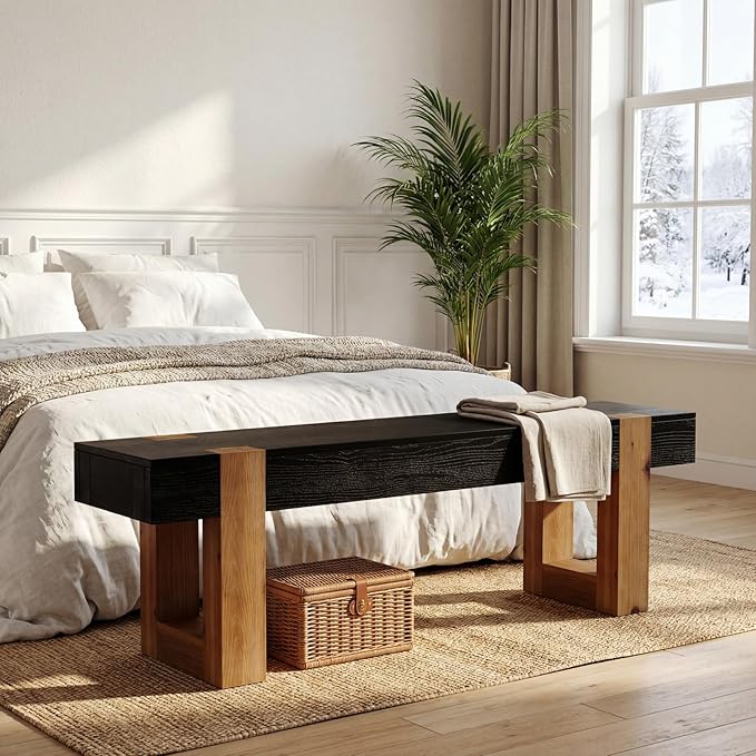 55" Solid Wood Dining Bench, Farmhouse Wooden Entryway Bench, End of Bed Bench, Indoor Bench Seat for Bedroom, Dining Room, Kitchen, Hallway, Black & Brown