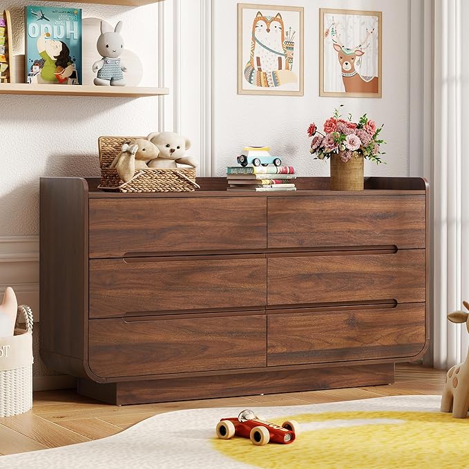 Curved 6 Drawer Dresser for Bedroom, Modern 53-Inch Chest of Drawers, Wood Storage Dresser Organizers with Hidden Handles, 6 Drawer Dressers for Bedroom, Nursery, Living Room, Walnut
