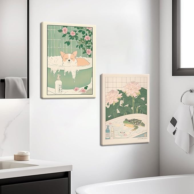 Framed Japanese Bathroom Wall Art Set of 2, Funny Japanese Bathroom Frog Dog Wall Decor, Nature Relaxation Canvas Prints Poster, Minimalist Aesthetic Home Spa Decor Picture 12x16 Inch