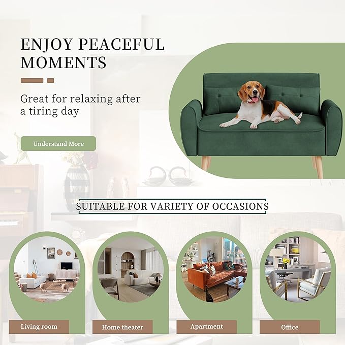 Vongrasig 47" Small Modern Loveseat Sofa, Mid Century Linen Fabric 2-Seat Sofa Couch Tufted Love Seat with Back Cushions and Tapered Legs for Living Room, Bedroom and Small Space (Green)