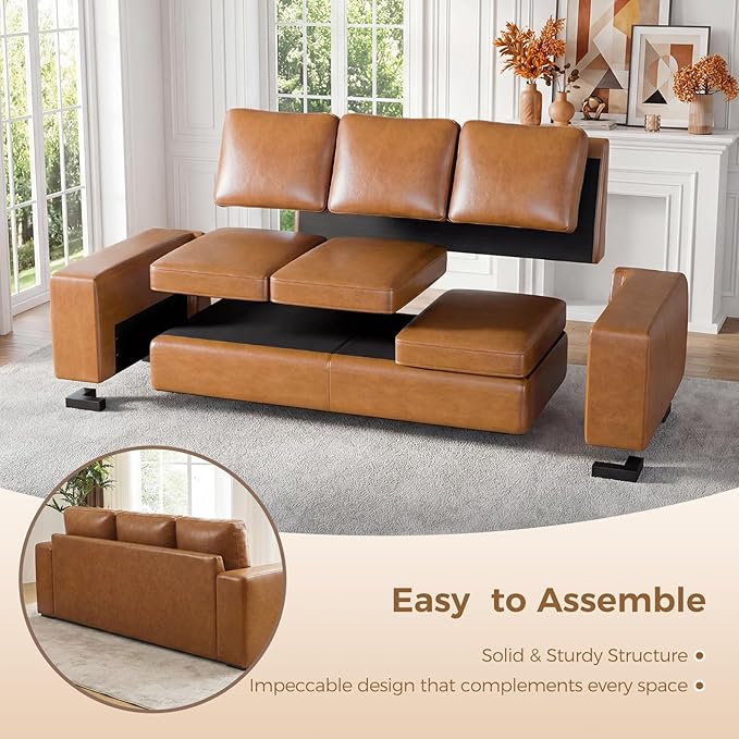 ELUCHANG 85" Luxury 3 Seater Sofa Couch for Living Room, Modern Upholstered Faux Leather Sofas Couches with Extra Deep Seats&Removable Cover, Comfy Sofa Couch for Apartment, Lounge, Brown, 2PCS