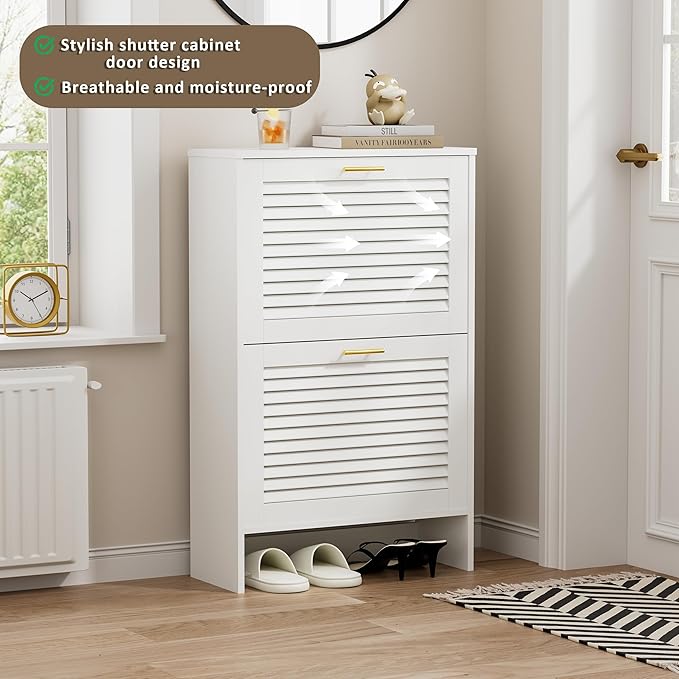 Shoe Cabinet Storage, Hidden Shoe Organizer, Modern Freestanding Organizer with 2 Flip Drawers Louvered Shoe Cabinet for Entryway (White, 2 Drawers)