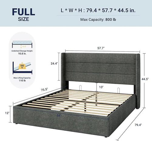 Allewie Full Size Lift Up Storage Bed, Modern Wingback Headboard, Hydraulic Support, No Box Spring Needed, Dark Grey