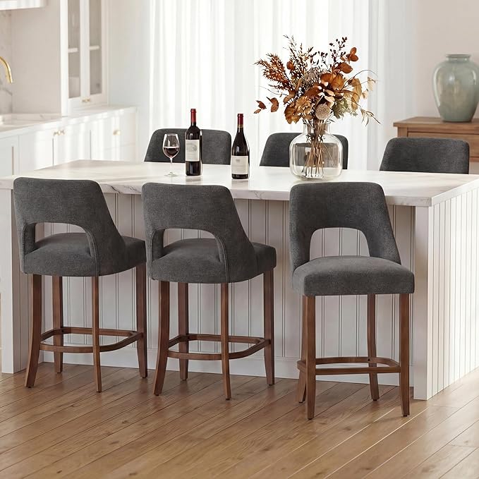 UVV Bar Stools Set of 6, Upholstered Counter Height Bar Stools, Modern Counter Stools with Wood Legs for Kitchen Island Dining Room Bar, Dark Grey