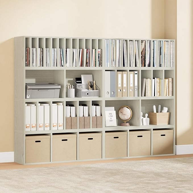 IOTXY DIY Modular Cube Bookcase - CubeXY Customizable Stackable Expandable Combination Set, 23-Cube Open Bookshelf for Books, Fabric Storage Bin, and 7/10-inch Vinyl Record Organizer, Oak