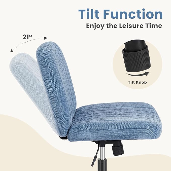 DUMOS Criss Cross Legged Chair Wide Comfy Home Office Desk Chairs, No Wheels Armless Computer Task Swivel Vanity Chair Height Adjustable for Makeup Bedroom, Fabric-Dark Blue