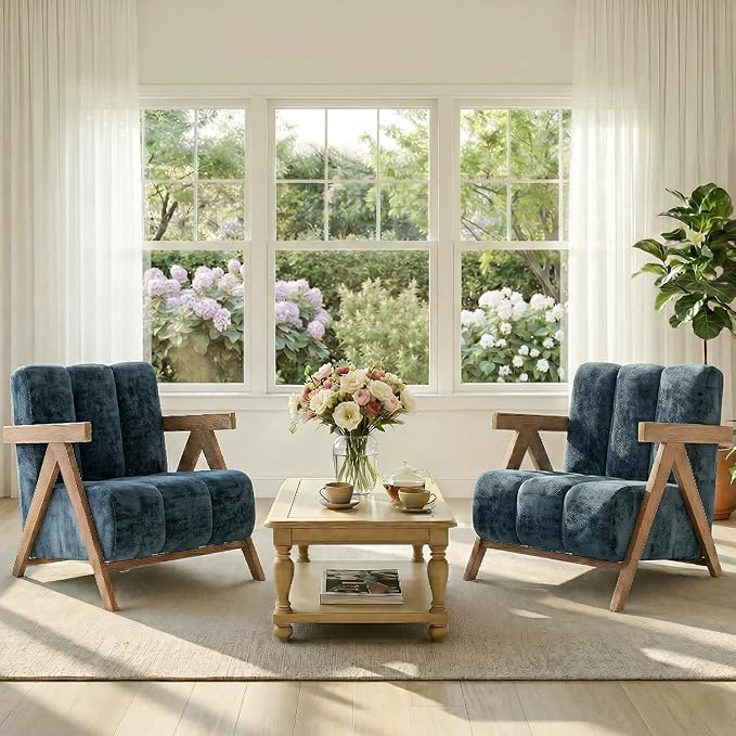 Modern Accent Chair Set of 2 for Living Room Bedroom,Comfy Chenille Reading Chair with Wood Frame,Upholstered Lounge Armchair with Thick High-Elastic Sponge for Apartment & Waiting Room(Blue,2)