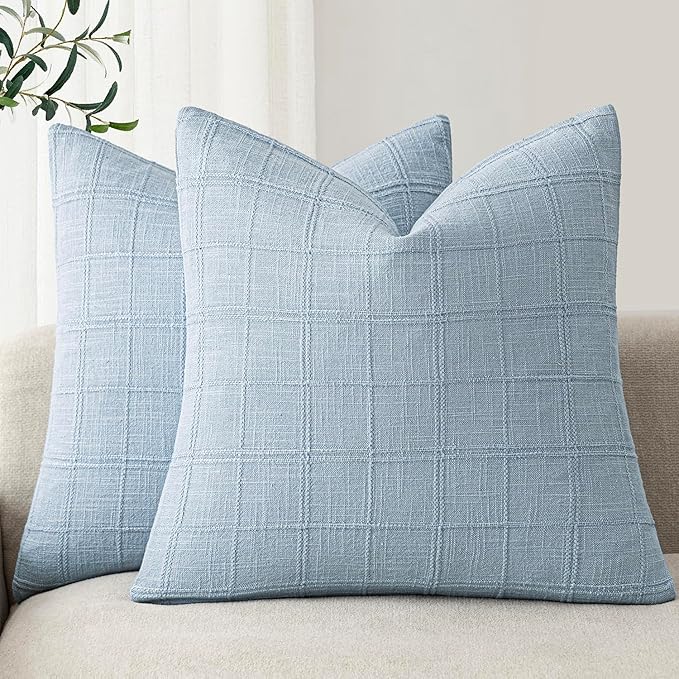 Foindtower Set of 2 Decorative Linen Check Throw Pillow Covers Neutral Farmhouse Vintage Cushion Covers Modern Boho Accent Home Decor for Sofa Chair Couch Bedroom Living Room,26×26 Inch,Sky Blue