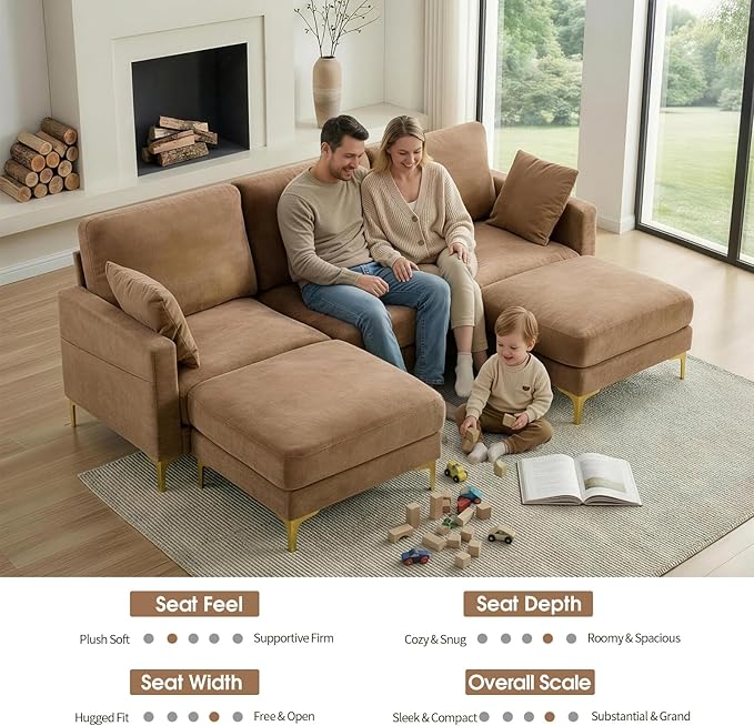 VINGLI 100" W U Shaped Couch with Ottoman, 22" Deep Seat Comfortable Sectional Couches for Living Room, 3 Seater Chenille Fabric Cloud Sofa for Apartment, Small Spaces, Bedroom, Khaki
