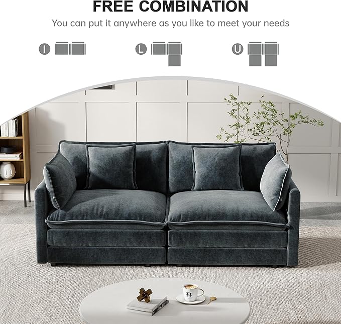 Modular Sectional Sofa, 76.7 Inch I-Shaped Cloud Sofa with Deep Seat Comfortable Chenille Sofa with Cushion Double Sectional Sofa for Living Room Apartment,Gray