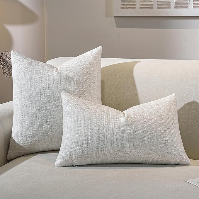 Decorative Neutral Striped Throw Pillow Covers Set of 2-18x18 Inch Boho Farmhouse Pillow Covers, Breathable & Soft Neutral Linen Blend Cushion Covers for Couch Sofa Bedroom Living Room