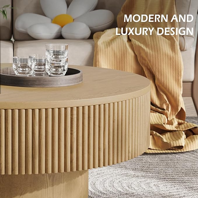 YOUDENOVA 35” Round Fluted Coffee Table, Modern Wood Circle Coffee Table, Veneer Handcrafted Relief Tea Table with Sturdy Pedestal for Living Room, Easy Assembly - Natural