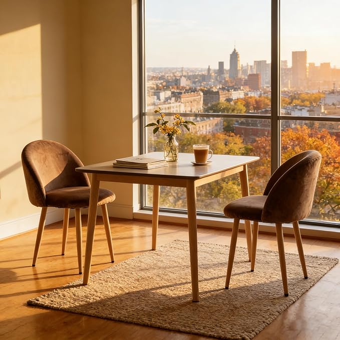 Dining Chairs Set of 2, Velvet Comfortable Seats, Mid-Century Modern Living Room Chairs, Upholstered Kitchen Chairs with Wooden Legs and Padded Seat for Bedroom Office Easy Assembly, Brown