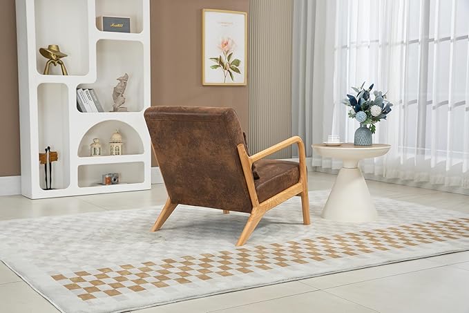 KEIKI Mid Century Modern Accent Chair Wood Frame, Cotton Linen Warm Lounge Armchair for Living Room Bedroom Reading Nook Small Space, Rustic Seat with Waist Cushion, Padded, Easy Setup, Antique Brown