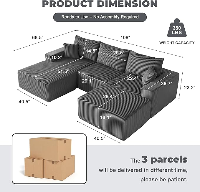 Weture 108” Modular Sectional Couches, Modern Modular U-Shape Sofa with Chaise, Cloud Sectional Couch with Deep Seat, Upholstered Boneless Sofa for Living Room (Corduroy, Gray)