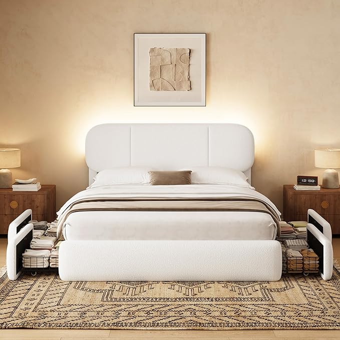 Full Size Bed Frame with Storage, Boucle Cloud Bed with 4 Locking Drawers & LED Lights, Modern Upholstered Platform Bed, Plush Sides & Footboard, Adjustable Headboard, No Box Spring, Cream