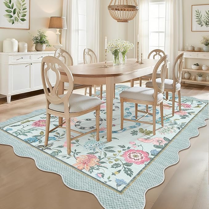 Garvee 10x13 Area Rugs for Living Room Non Slip Botanical Snake Rugs for Bedroom, Boho Scalloped Indoor Stain-Resistant Dining Room Rug for Under Table Carpet for Home Office Playroom Farmhouse,Blue