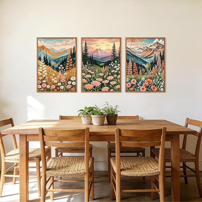 HPINUB Mountain Sunset Floral Framed Canvas Wall Art Set,(Set of 3,12X16 Inch) Colorful Wildflower Daisy Flower Wall Decor,Blossom Botanical Artwork Modern Nature Landscape Art Print for Living Room