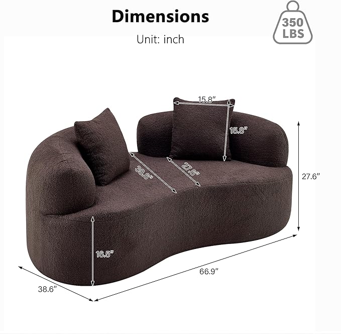 66.93 Inch Curved Loveseat Sofa with High - Density Foam Cushion, Full Compression Modular 2-Seater Couch, No Assembly Required, for Small Spaces & Living Room, Dark Brown