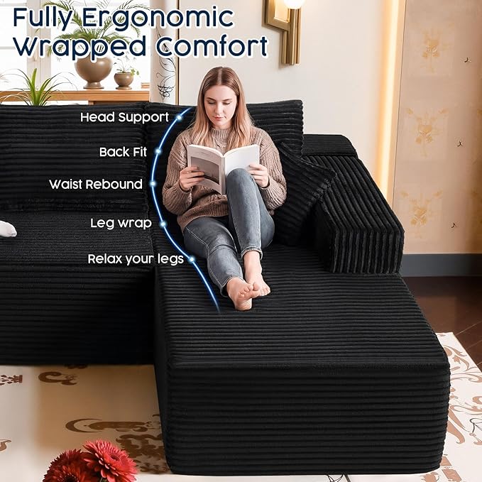 Black Sectional Couch with Ottoman, 108" Cloud Modular Couch for Living Room, Modern U-Shaped Sofa, No Assembly Required - Plush Corduroy Fabric & Deep Seat Comfort (Left Facing Chaise)