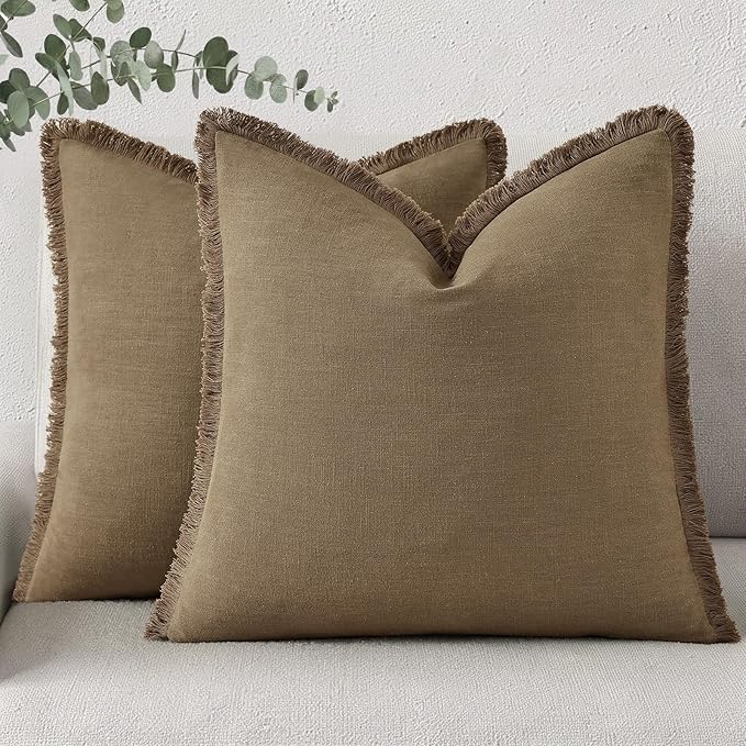 decorUhome Summer Decorative Neutral Linen Fringe Euro Sham Throw Pillow Covers Set of 2 Light Brown Pillow Covers with Tassels Soft Farmhouse Boho Accent Pillow Cases for Couch Bed Sofa 22x22 Inch