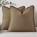 decorUhome Summer Decorative Neutral Linen Fringe Throw Pillow Covers Set of 2 Light Brown Pillow Covers with Tassels Soft Farmhouse Boho Accent Pillow Cases for Couch Bed Sofa 20x20 Inch