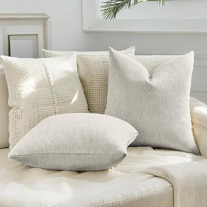 HAUSSY Natural White Wood Throw Pillow Covers 20x20 Inch Set of 2,Boho Decorative Faux Linen Throw Pillows Cozy Farmhouse Accent Cushion Covers,Home Decor for Couch Sofa Bed Living Room