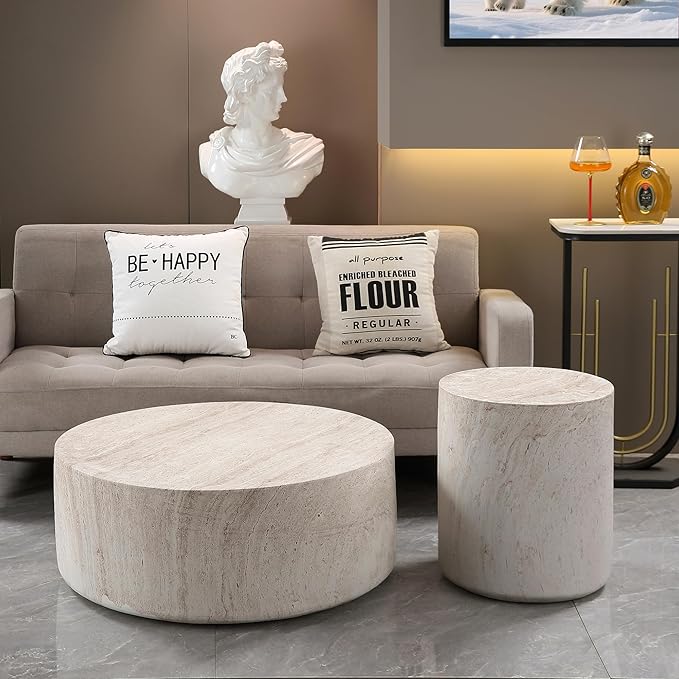 WILLIAMSPACE Round Faux Marble Coffee Table Set of 2, Modern Circle Drum Stone Center Tables, Travertine Drum Tea Table for Living Room, Outdoor, Magnesium Oxide, 31.5" & 15.75", Light Beige