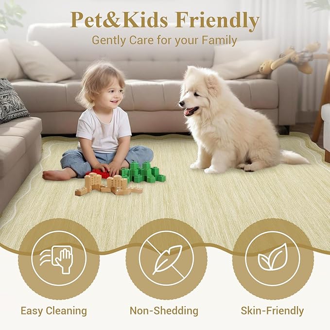Garvee Scalloped 5x7 Rugs Washable Area Rugs for Living Room,Modern Stain Resistant Solid Rug for Bedroom Kids Room, Scalloped Low Pile Non-Slip Neutral Rug for Dining Room Home Office Dorm,Beige